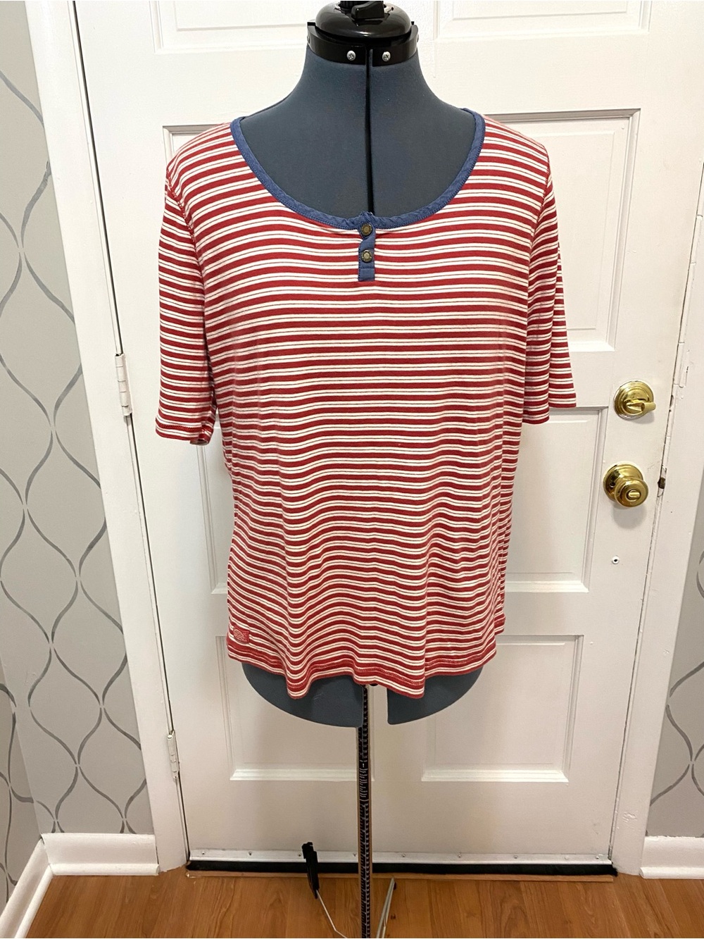 Lauren Ralph Lauren Jeans Co 2X Red White Stripe Henley Top Chambray Trim 553